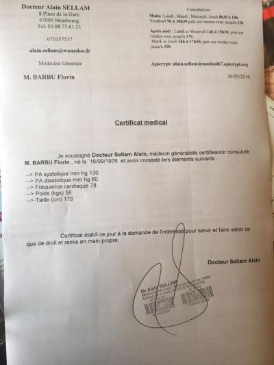 Florin Barbu Certificat Medical Greva Foamei 30 mai Strasbourg